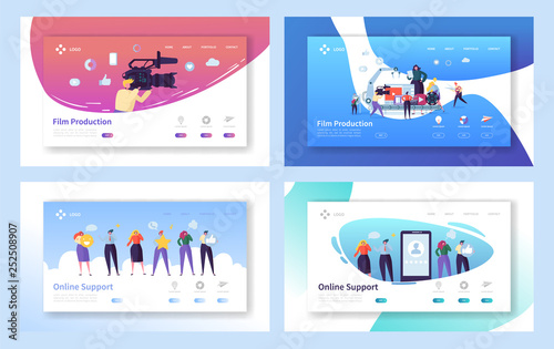 Film Production Set Concept Landing Page. People Character with Camera Shooting Editing Film. Online Chat Support Technology at Smartphone Website or Web Page Flat Cartoon Vector Illustration