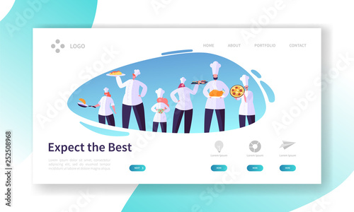 Chef Character with Dish Set Landing Page. Restaurant Cooking Concept. Professional People in Uniform Prepare Food Website or Web Page. Food Industry Flat Cartoon Vector Illustration
