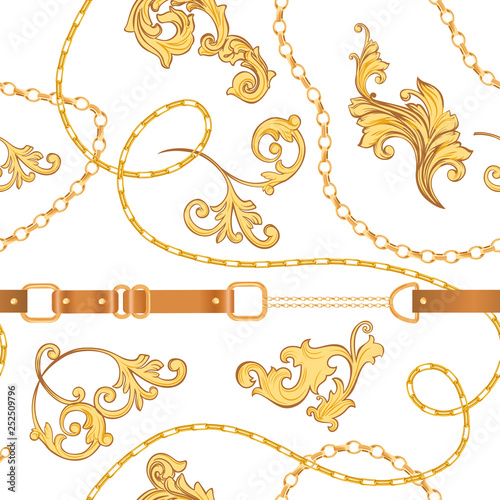 Fashion Fabric Seamless Pattern with Golden Chains, Belts and Straps. Luxury Baroque Background Fashion Design with Jewelry Elements for Textile, Wallpaper, Scarf. Vector illustration