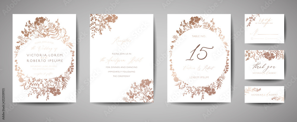 Fototapeta premium Luxury Wedding Save the Date, Invitation Cards Collection with Gold Foil Flowers and Leaves and Wreath. Vector trendy cover, graphic poster, geometric floral brochure, design template