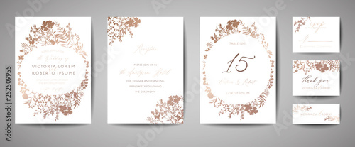 Luxury Wedding Save the Date  Invitation Cards Collection with Gold Foil Flowers and Leaves and Wreath. Vector trendy cover  graphic poster  geometric floral brochure  design template
