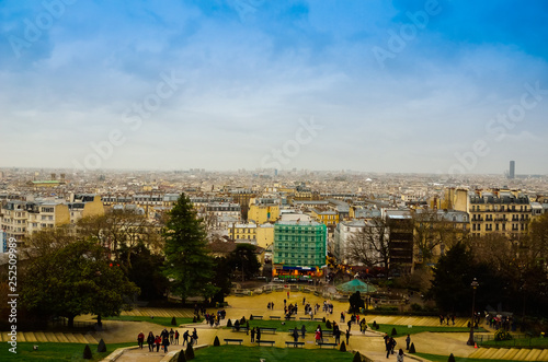 Romantic panorama view of metropolitan old European city under cloudy blue sky