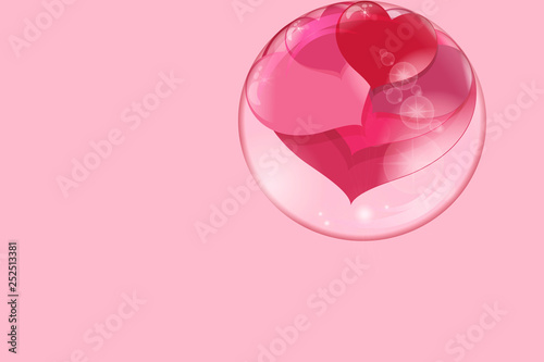 hearts lie inside a transparent glass bowl and a bubble flies with hearts inside on pink background