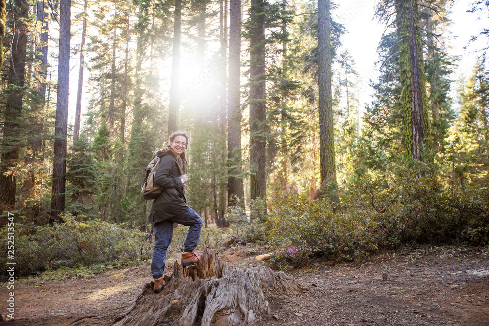 Woman in Yosimite national park near sequoia in California, USA