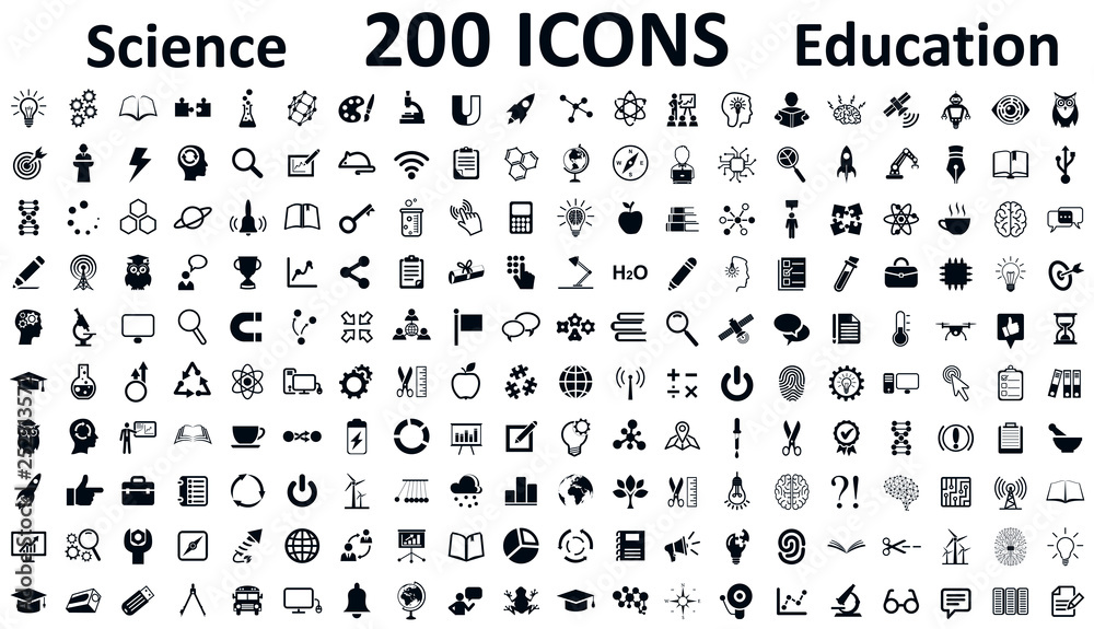 Education, school, science and knowledge icons set, 200 illustration in flat style – stock vector - obrazy, fototapety, plakaty 