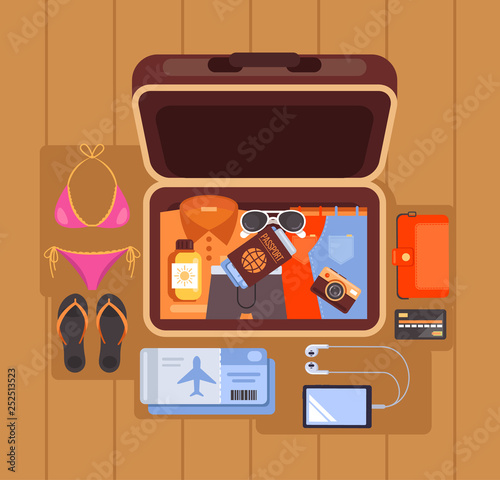 Tourist open case suitcase full of travel things objects elements icons. Summer time traveling vacation concept. Vector flat cartoon isolated graphic design illustration