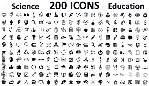 Education, school, science and knowledge icons set, 200 illustration in flat style – stock vector photo