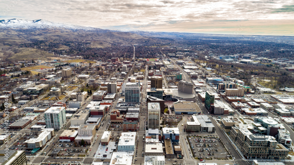 Aerial view in the winter of the small town of Boise Idaho