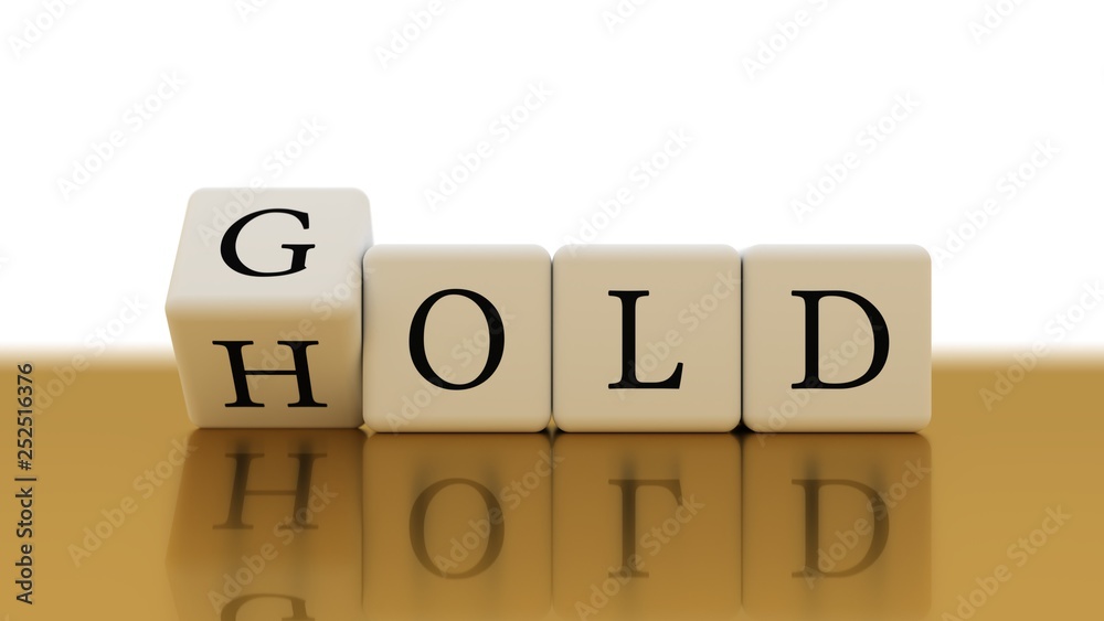 Words gold and hold in white cubes on gold table. 3d rendering creative concept Words gold and hold in white cubes on gold table. 3d rendering creative concept