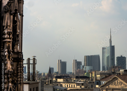 Aerial view of the city from the top of Duomo cathedral terrace. Milan