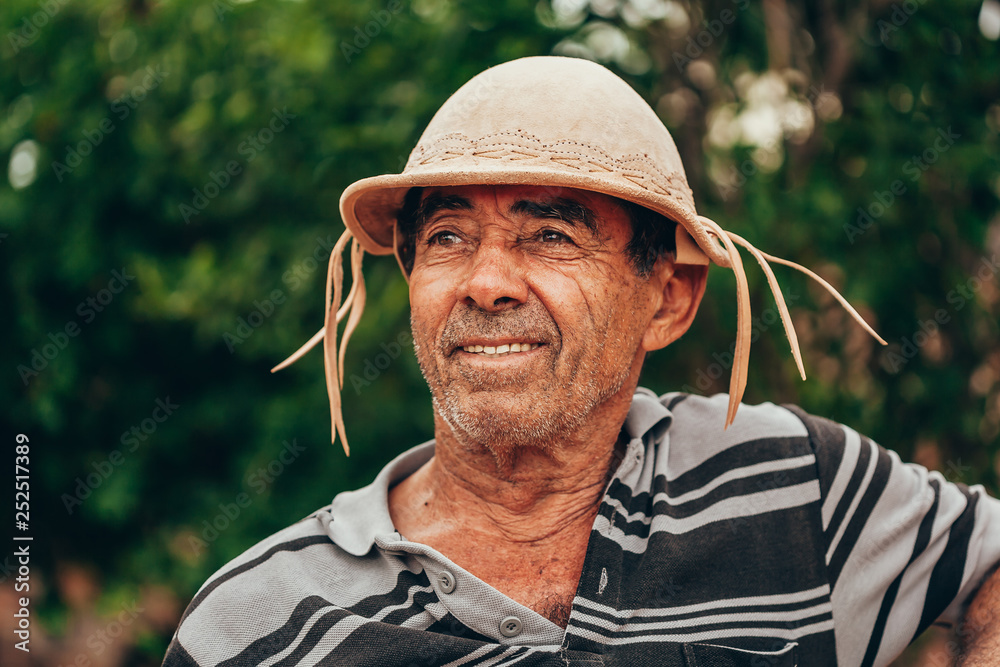 Portrait of Brazilian Northeastern cowboy wearing his typical leather hat.