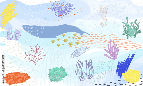 Hand drawn vector abstract cartoon graphic underwater world big illustrations collection set with coral reefs whale fishes seaweeds corals