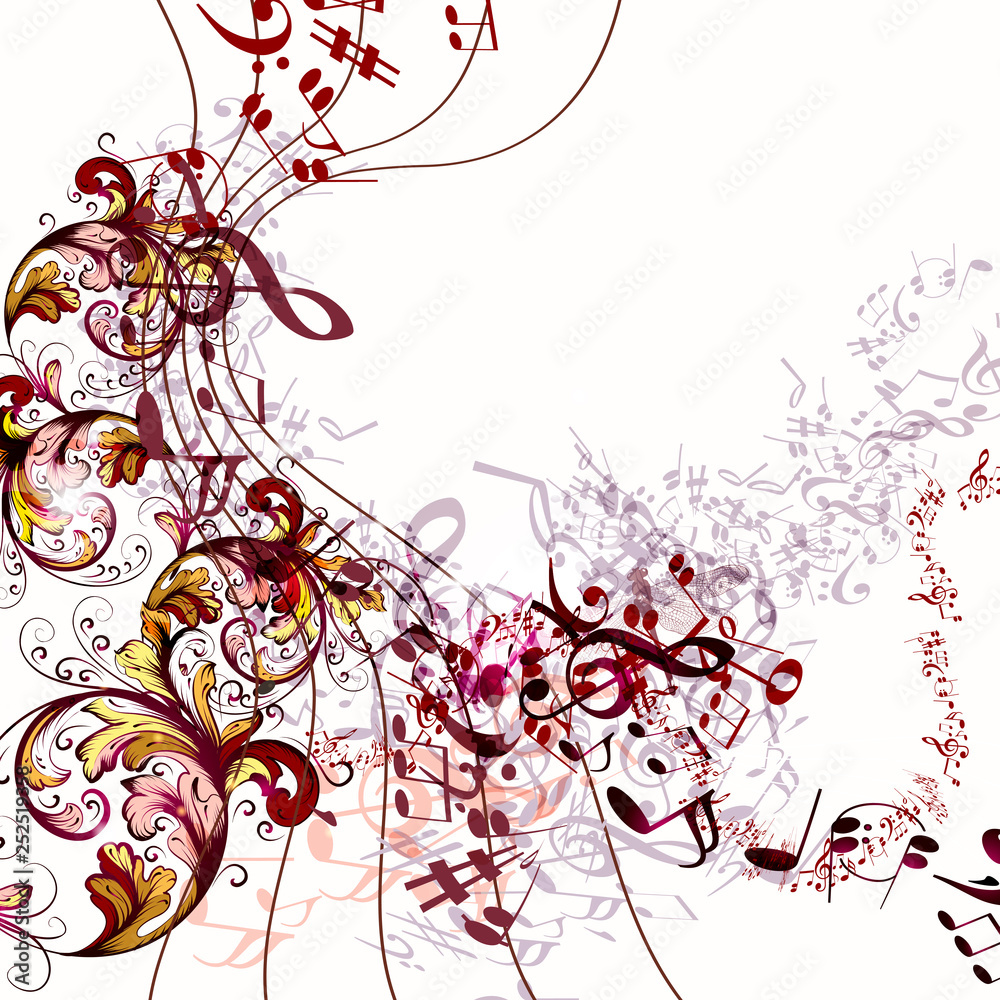 Fashion music background with vector notes and flourishes