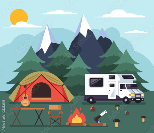 Tourists people living in tent. Camping tourism traveling hiking climbing concept. Vector flat cartoon graphic design illustration concept © PrettyVectors