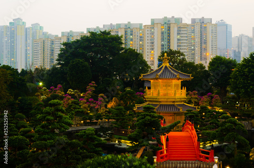Serene peaceful sacred temple in the middle of the downtown city center in Asia
