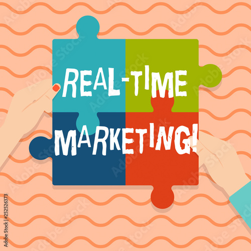 Conceptual hand writing showing Real Time Marketing. Business photo showcasing Creating a strategy focused on current relevant trends photo