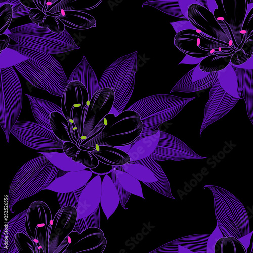 Fototapeta Naklejka Na Ścianę i Meble -  Luxurious purple pattern with abstract flowers of clivia and tropical leaves cheilocostus.