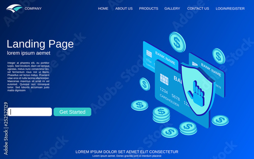 Website landing page vector template. Financial security, online banking, money protection flat 3d isometric vector concept