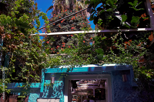 Streets city of Aegina with charming cafes, Aegina Island, Saronic Gulf, Greece