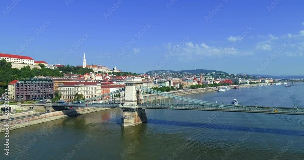 Szchenyi Chain Bridge Aerial Budapest Hungary with Matthias Church Szchenyi Chain Bridge Aerial Budapest Hungary with Matthias Church