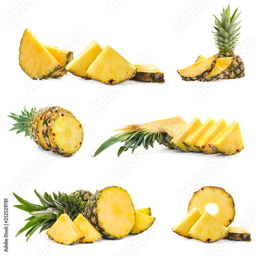 Set of sweet tropical pineapples on white background