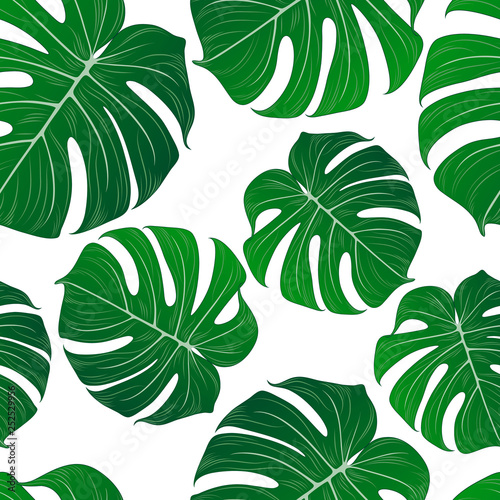 Abstract seamless pattern with green tropical monstera leaves. Vector element for design.