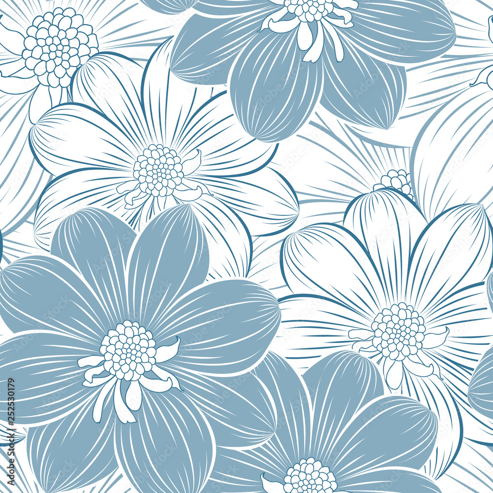 Seamless hand-drawing floral pattern  with flower dahlia.
