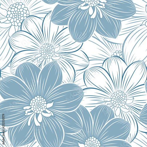 Seamless hand-drawing floral pattern  with flower dahlia.