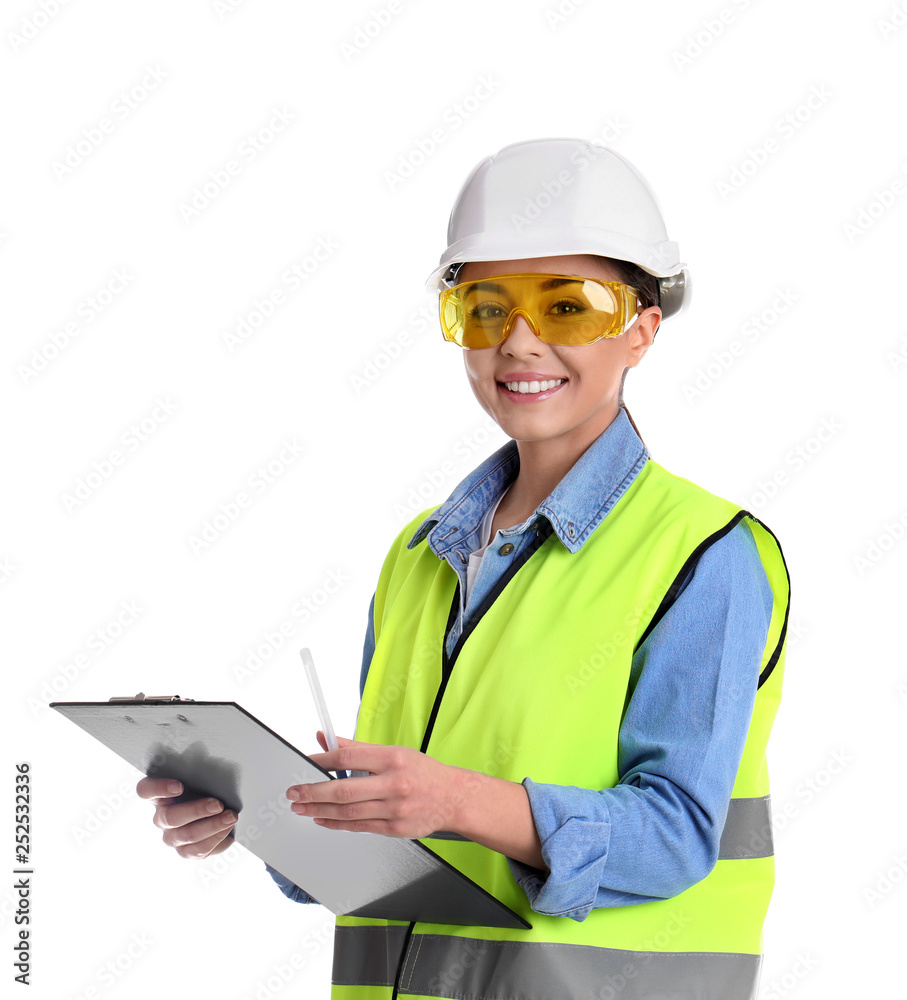 Female industrial engineer in uniform with clipboard on white background. Safety equipment Female industrial engineer in uniform with clipboard on white background. Safety equipment