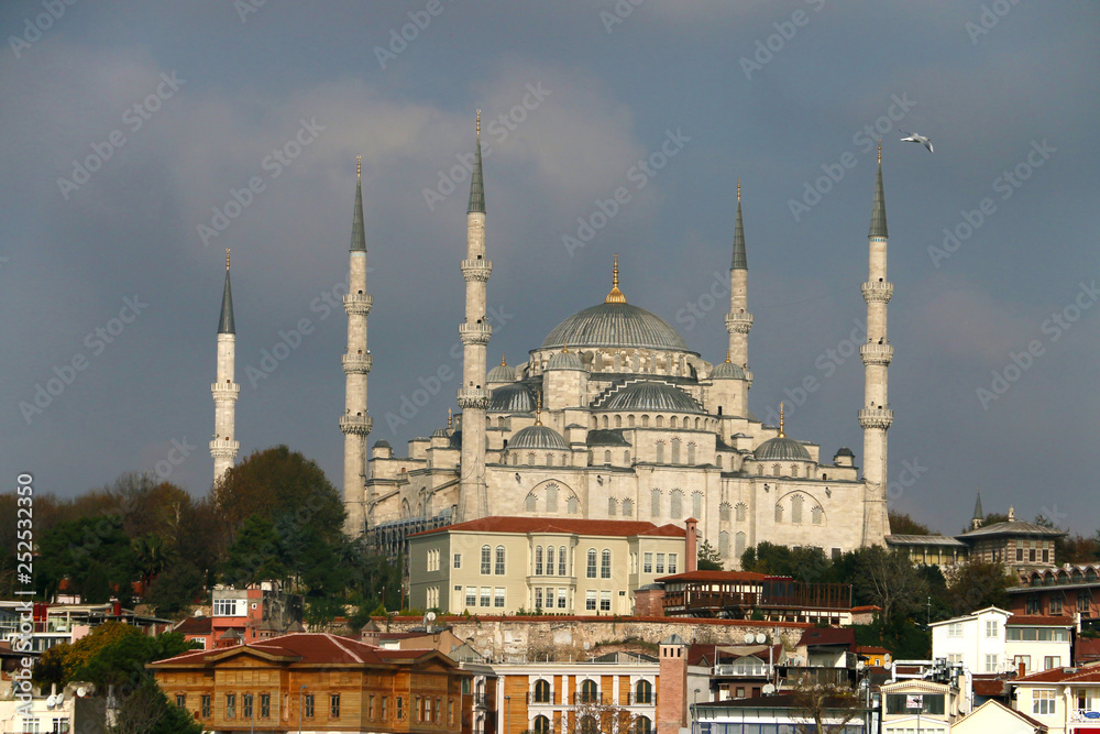 Looking Blue mosque Sultanahmet through the bosporus - famous landmark in Istanbul