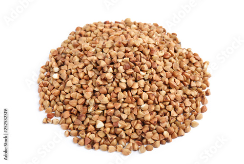 Uncooked buckwheat on white background. Healthy diet