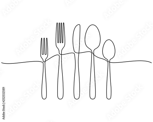 Continuous one line drawing of restaurant logo. plate, knife, fork and spoon. Black and white vector illustration. - Vector