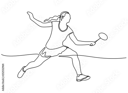 Continuous one line drawing of a teenage girl playing Badminton players was isolated on a white background. Vector