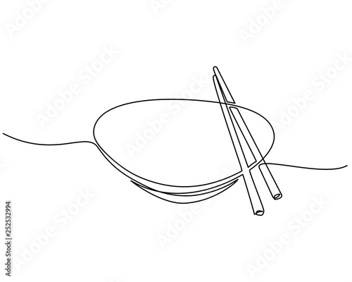 Continuous line drawing. bowl with a pair of isolated chopsticks on a white background. Vector