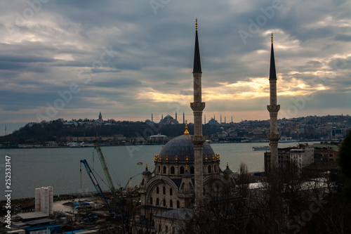 istanbul nusretiye mosque and cloudy istanbul landscape photo