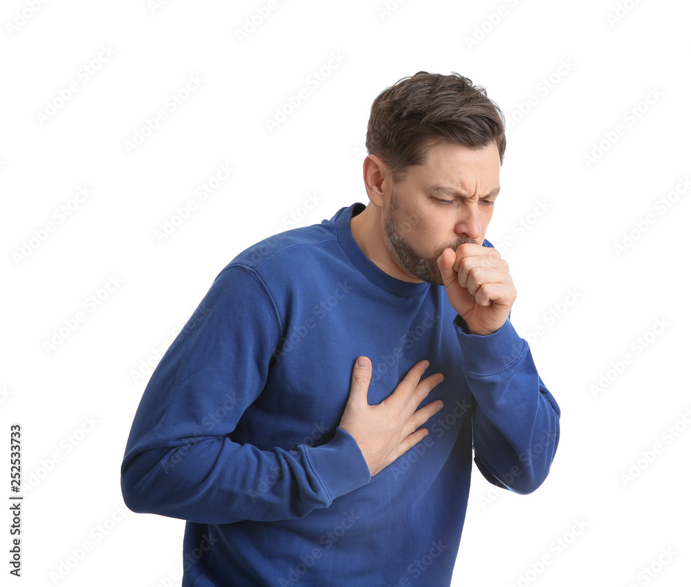 Man suffering from cough isolated on white Man suffering from cough isolated on white