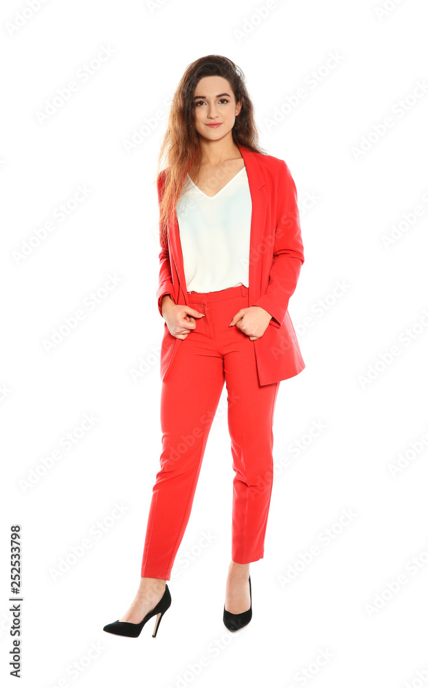 Beautiful young woman in stylish suit on white background Beautiful young woman in stylish suit on white background