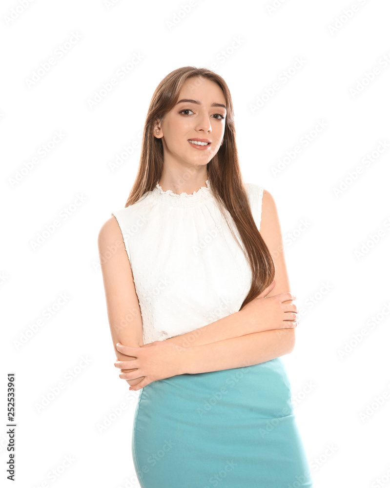 Portrait of beautiful young woman on white background Portrait of beautiful young woman on white background