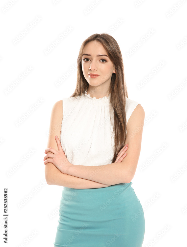Portrait of beautiful young woman on white background Portrait of beautiful young woman on white background