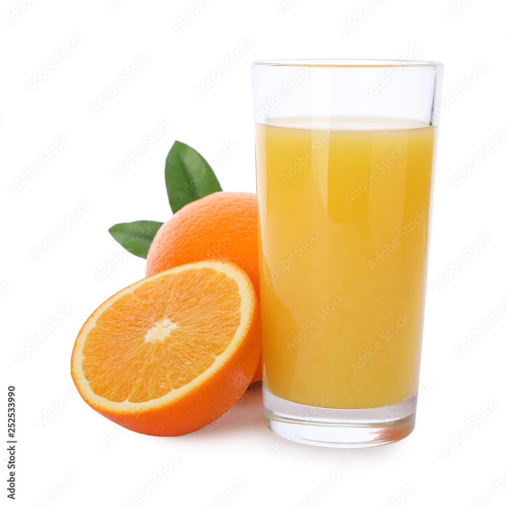 Glass of orange juice and fresh fruit isolated on white Glass of orange juice and fresh fruit isolated on white