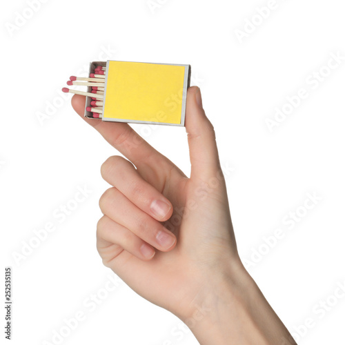 Woman holding box with matches on white background, closeup. Mockup for design