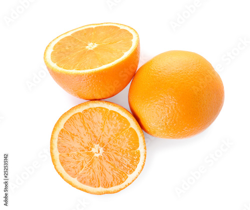 Fresh oranges on white background, top view