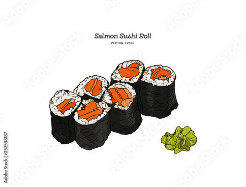 salmon sushi roll, hand draw vector.