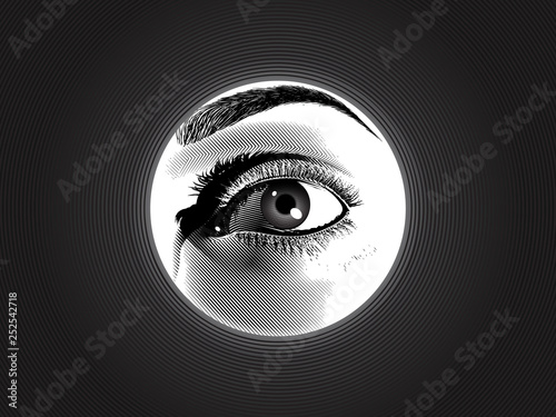 Engraving spy eye drawing in monochrome illustration