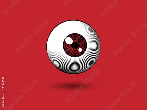 Engraving eyeball illustration on red BG