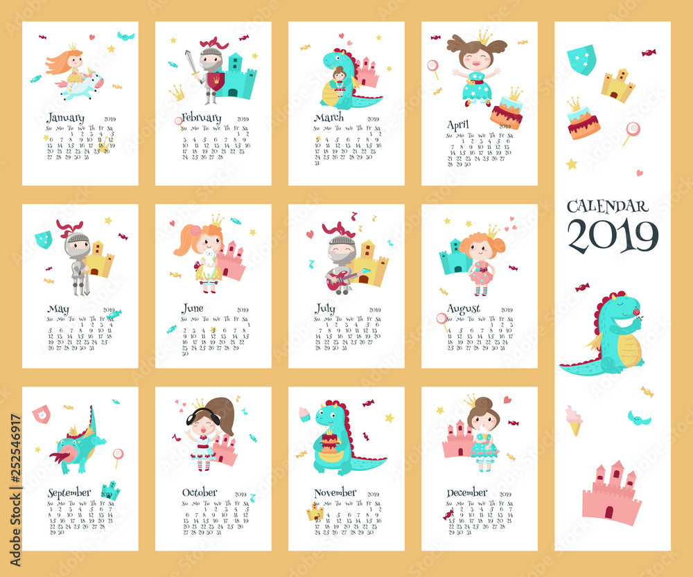 2019 calendar vector template with princess, knight, dragon