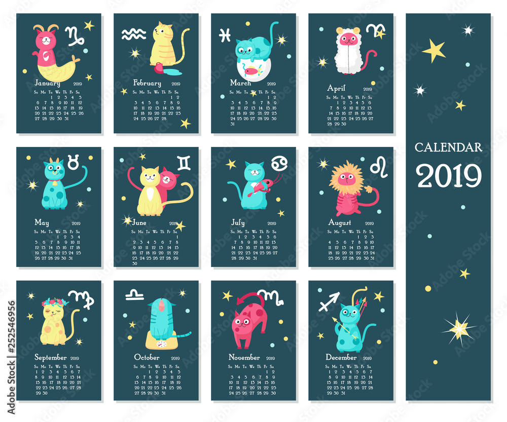 2019 zodiac calendar vector template with cute cats