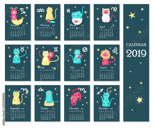 2019 zodiac calendar vector template with cute cats