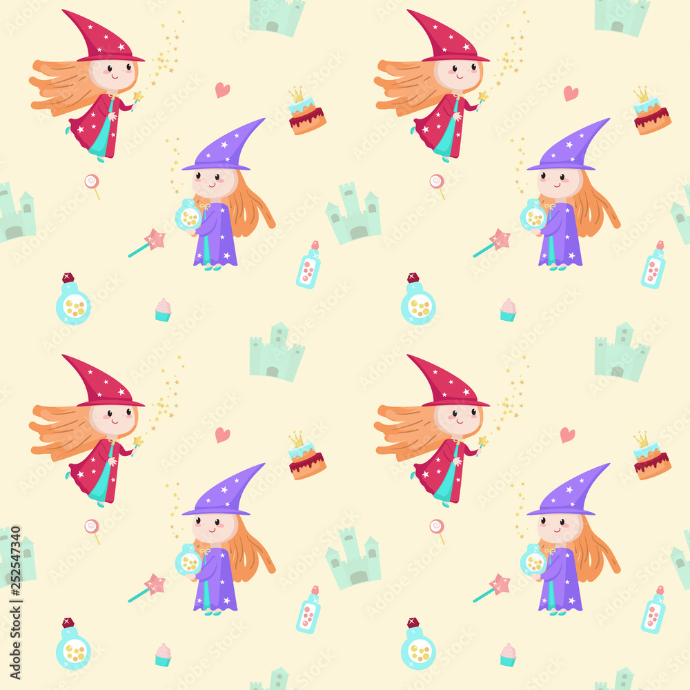 Vector seamless pattern with cute little enchantresses Vector seamless pattern with cute little enchantresses