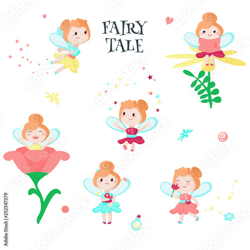 Cute little fairy icon set vector isolated illustration